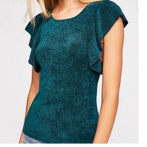 Free People FP One Teal Green Ribbed Ruffle Cap Sleeve Top women size small